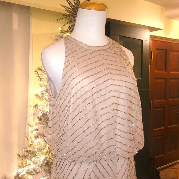 NWT Adrianna Papell Champagne Art Deco Beaded Gown, size 12 - Picture 8 of 10
